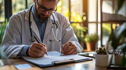 Doctor Working at Desk, Writing on Clipboard with Pen, Wearing White Coat and Stethoscope in Bright Office Setting - Powered by Adobe