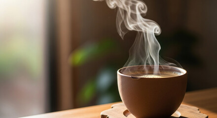 Invigorating morning coffee with aromatic steam rising, perfect for a cozy start to your day or a relaxing break.