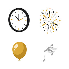 New Year Celebration Elements Clock Fireworks Balloon Streamer Festive Time.