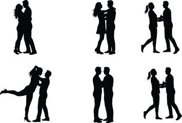 Romantic couple silhouette vector illustration, love relationship poses, man and woman affection gestures, emotional connection and passion concept design