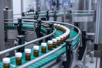 Automated pharmaceutical production line with vials moving on conveyor belt