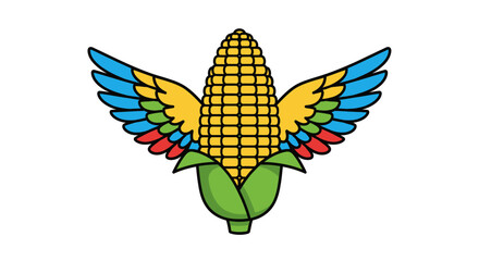 Whimsical winged corn cob illustration, a vibrant icon for organic farming or plant-based cuisine