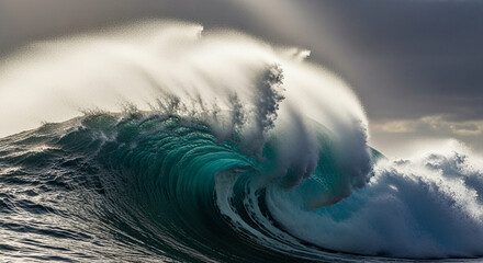 Stunning turquoise wave crests and explodes with dramatic spray under moody skies, a powerful force of nature.