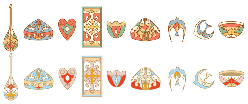Vector set of traditional Kazakh ornaments and symbols - dombra, yurt, skullcap, swallow, carpet, tulip, heart, and ethnic patterns.