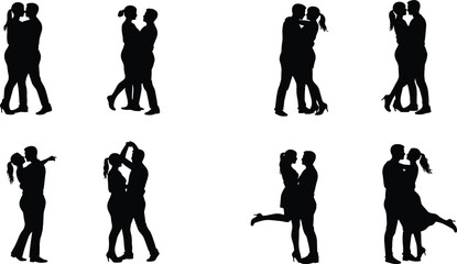 Romantic couple silhouette set, dancing and kissing poses, love relationship illustration, man and woman romance vector, passion and affection art