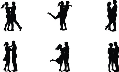 Romantic couple silhouette set, dancing and hugging poses, love relationship illustration, man and woman romance vector, passion and affectionate artwork