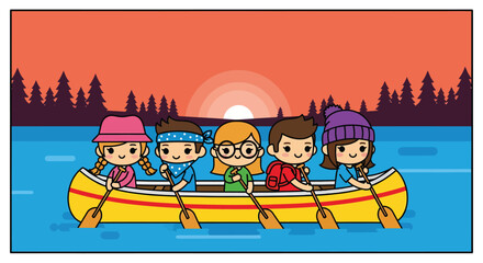 Group of friends paddling a canoe on a calm lake at sunset, enjoying a peaceful outdoor adventure together, creating a sense of camaraderie and tranquility.