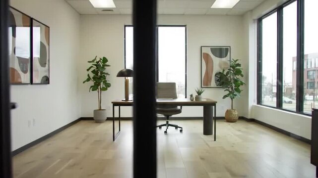 Bright, modern office with a large window, desk, ergonomic chair, and various plants, seen through a doorway