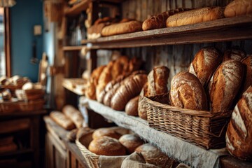 Cozy Bakery Interior with Fresh Breads and Pastries Displayed on Rustic Shelves in a Quaint Local Shop