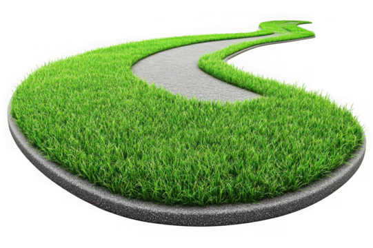 Winding asphalt path through lush green grass isolated on black background road walkway