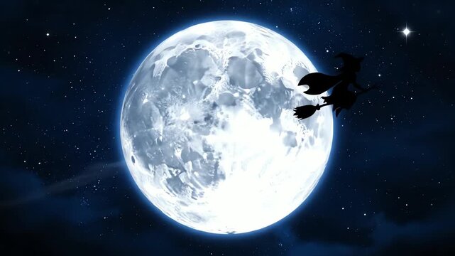 Silhouette of a witch flying on a broomstick in front of a full moon.