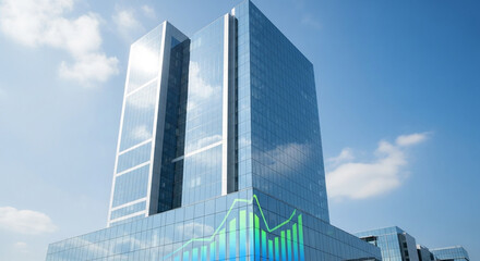 Modern glass skyscraper features vibrant green and blue financial growth chart reflecting market success and economic progress under a clear sky