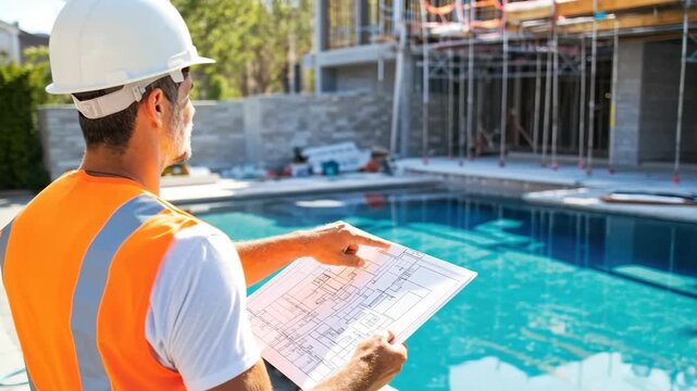 Construction worker reviews blueprints by a pool during new project phase