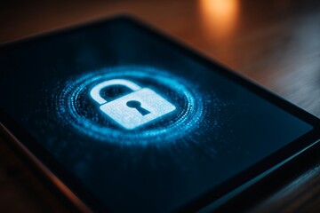 Digital Security Concept with Lock Icon on Tablet Screen Representing Data Protection and Cybersecurity Awareness