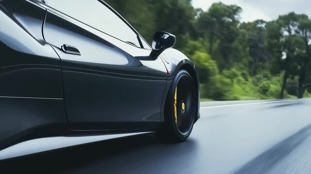 Fast car speeding on a twisty road through the forest