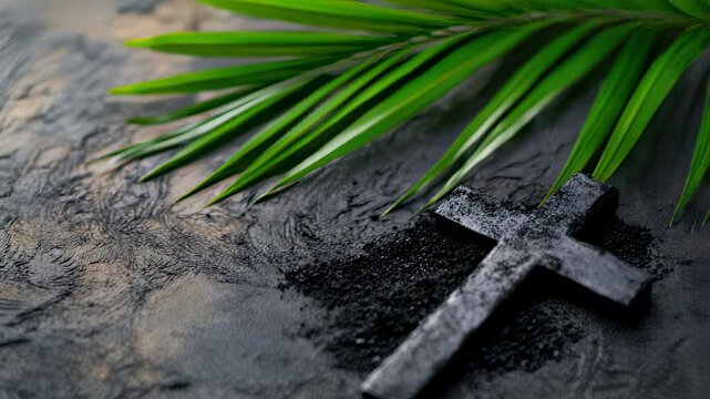 Ash Wednesday Lent Season Concept: Dark Cross with Palm Leaf on Textured Black Background, Christian Religious Observance, Repentance and Faith