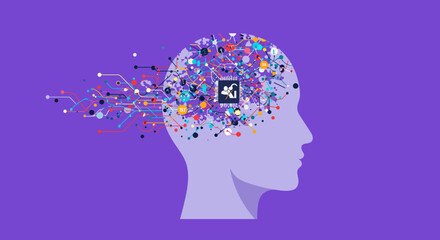 Abstract AI Brain Connectivity Illustration with 4G Chip and Data Flow