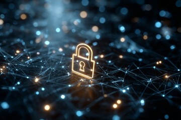 Digital Lock Symbolizing Cybersecurity and Data Protection on a High-Tech Network Background with Glowing Lines and Connections