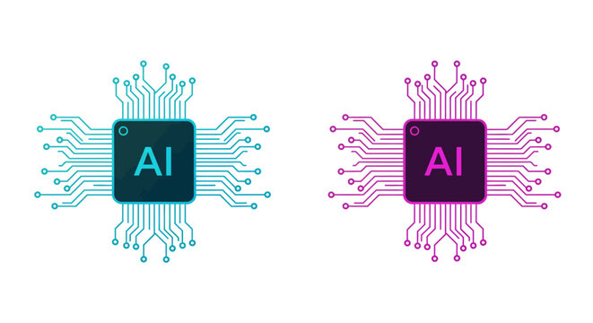 AI Chip Icons Artificial Intelligence Tech Circuitry in Teal and Purple