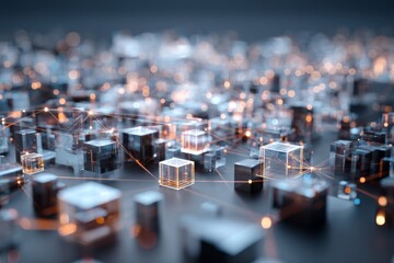 Futuristic digital network with interconnected blocks representing data, technology, and communication concepts for modern innovation