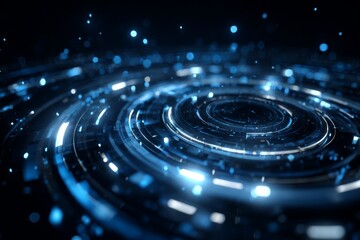 Futuristic Abstract Technology Background with Circular Patterns and Bright Blue Lights