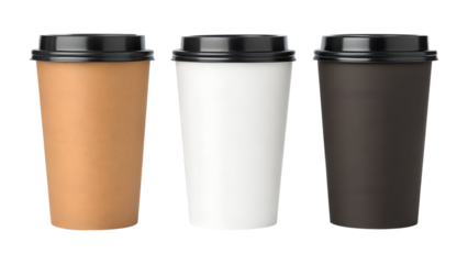 Three different disposable paper coffee cups in brown, white, and black with lids stand isolated on a transparent png background.
