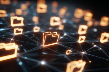 Abstract digital network with glowing folder icons representing data storage and sharing over interconnected connections in technology background