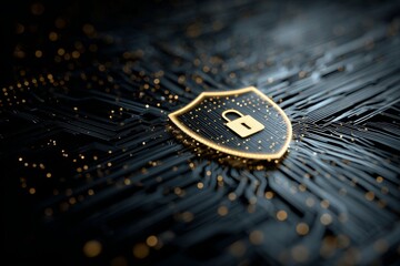 Digital Shield with Lock Symbol Representing Cybersecurity and Data Protection in Futuristic Technology Environment