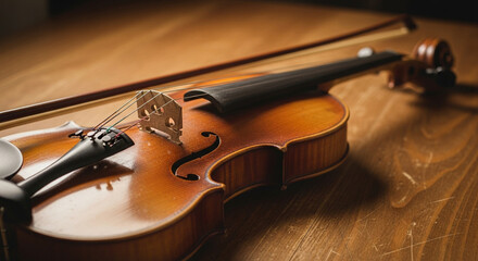 Fototapeta premium Stunning antique violin and bow rest on rustic wooden surface, evoking timeless elegance and artistic passion for musicians.