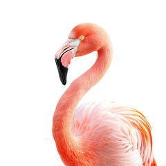 Pink flamingo portrait isolated on white background.