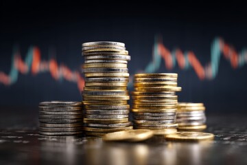 Stacks of Coins Representing Financial Growth and Investment Gains with Stock Market Data Visualization in the Background