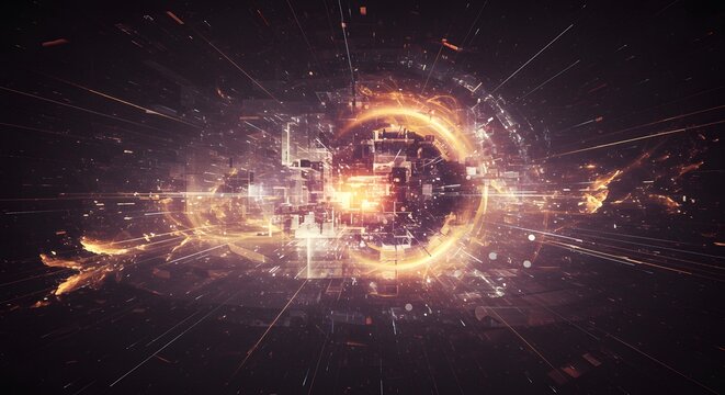 Abstract, fiery explosion with a central, digital core and outward-reaching energy