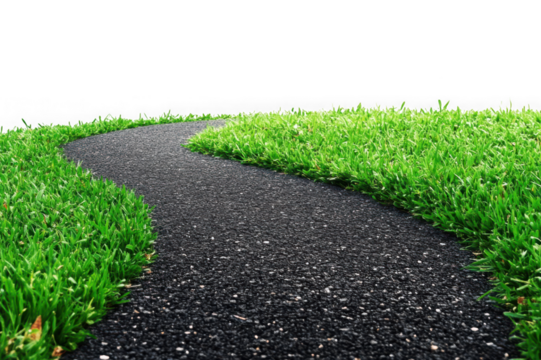Winding asphalt path through vibrant green grass against black background lawn