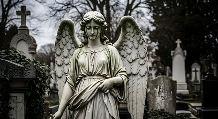 Fototapeta premium Gothic stone angel crying over graves in an ancient churchyard