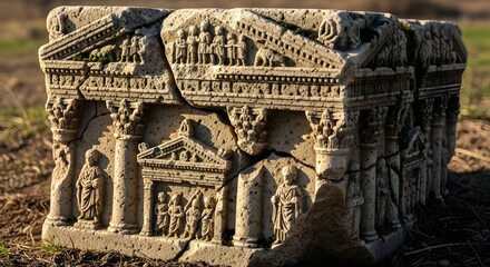 Ancient stone carving fragment depicting architectural elements, weathered and cracked