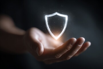 Hand Holding Digital Shield Symbol in Dark Background for Security, Protection, and Cyber Safety Concepts