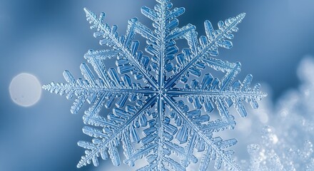 Intricate macro photograph of a single perfect snowflake, showcasing its unique hexagonal ice crystal structure on a beautiful blue winter background