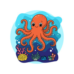 A cute octopus swims in the ocean surrounded by coral and reefs. Perfect for celebrating World Octopus Day on October 8th.