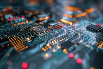 Abstract technology background with colorful circuit board lines and intricate patterns showcasing digital innovation and technological advancement
