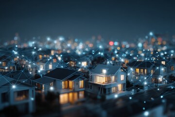Digital Network of Houses Representing Smart Home Technology and Connectivity in Urban Landscape at Night