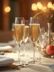 Fine dining table arrangement with champagne and gourmet dinner