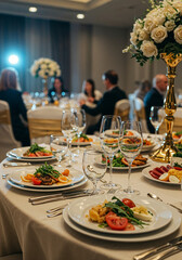 Luxury banquet table setup with champagne glasses and gourmet meals