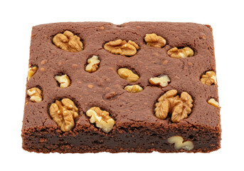 Delicious chocolate brownie with walnuts isolated on transparent background, homemade dessert for bakery and sweet food concepts
