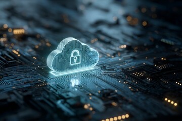 Digital Cloud with Lock Symbol Representing Cybersecurity and Data Protection on Futuristic Circuit Board Background