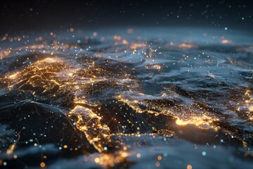 Digital Network Connections Over Earth at Night Highlighting Geographic Regions and Urban Areas with Lights and Stars in Background