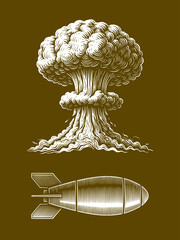 Retro-style illustration of atomic bomb & mushroom cloud explosion in monochrome engraving design, nuclear, explosion, bomb, vintage, war, military, atomic, weapon, retro, blast, energy, power, vector