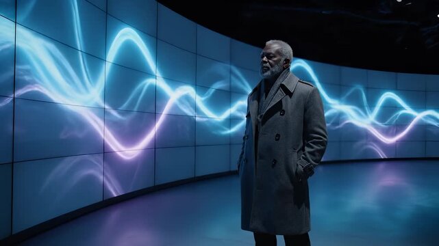 Man stands before led display wall. He wears long coat and shows beard. Bright wave graphics run across screen and display. The space evokes technology and exhibit atmosphere. He looks contemplative.
