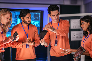 A diverse team of young innovators in a tech lab presents a new smartphone prototype, enthusiastically brainstorming its next-generation design and user interface for a future product launch.