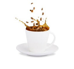 white cup of coffee isolated on white, coffee splashes