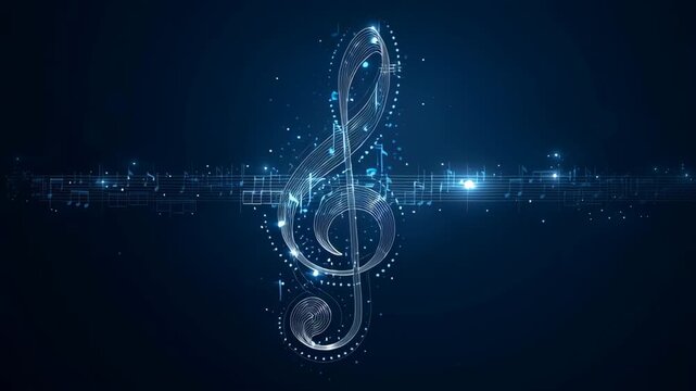 A glowing treble clef entwined with musical notes on a dark background.